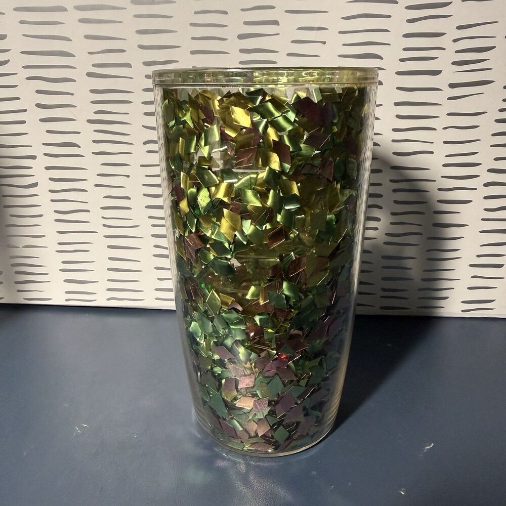 Tervis Confetti Flake Tumbler 16 Oz. Mardis Gras Vintage Gold Purple & Green NOS